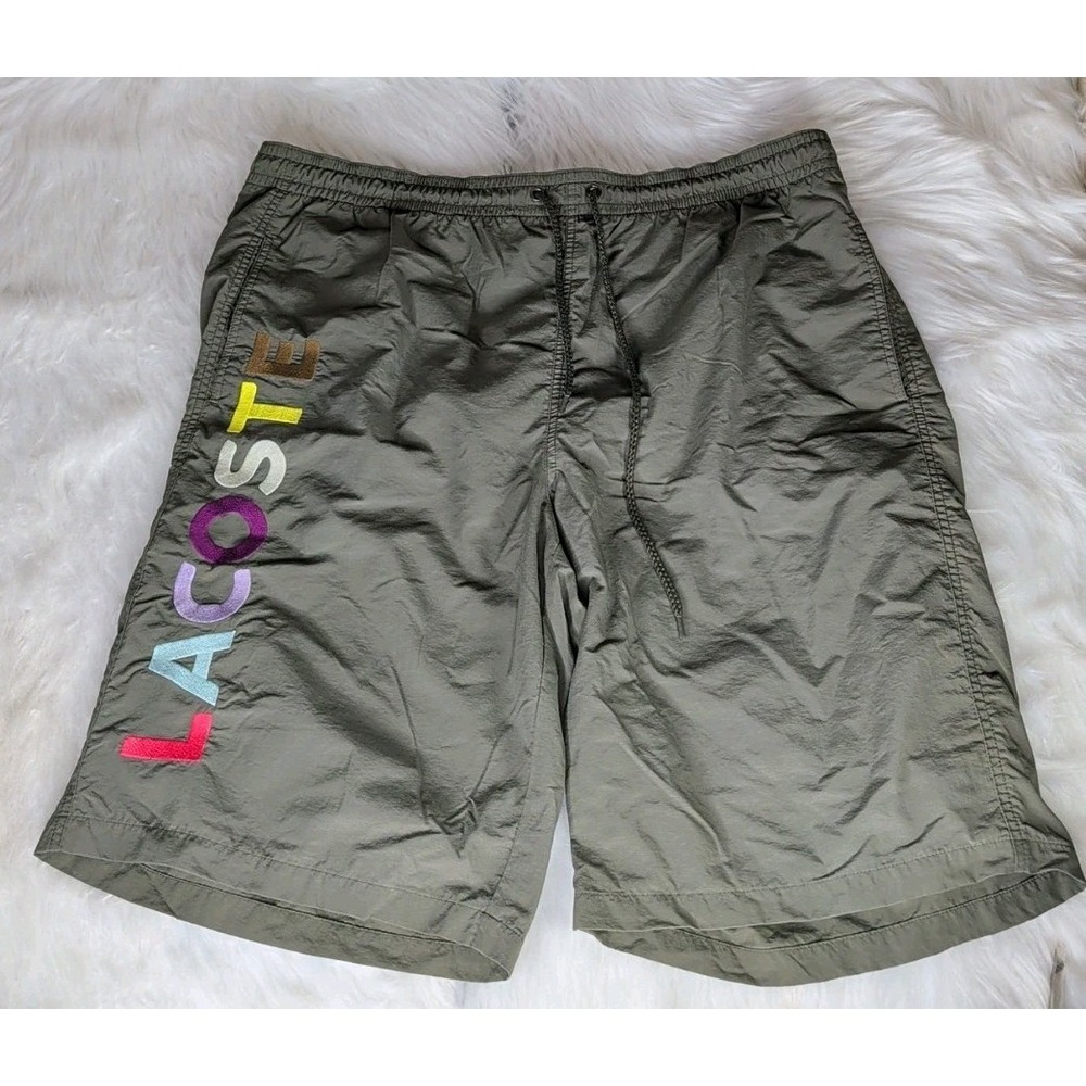 Lacoste Swim Trunks Mens 8 XXXL Olive Green Multi Color Logo Graphic Shorts